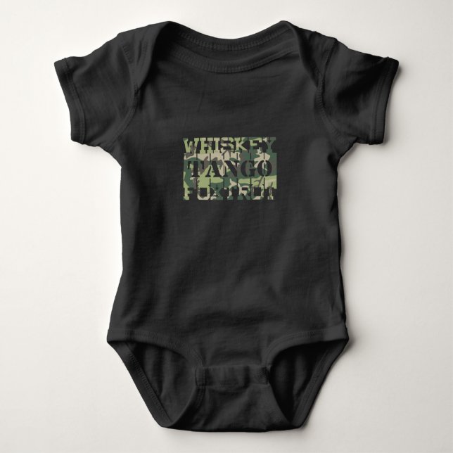 Whiskey Tango Foxtrot WTF Green Camouflage Baby Bodysuit (Front)