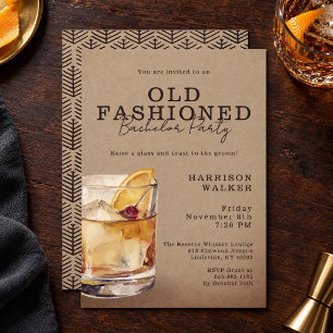 Whiskey Theme Bachelor Party Old Fashioned Rustic Invitation
