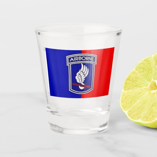 Whiskey tumbler with 173 Airborne flag design Shot Glass (Front)