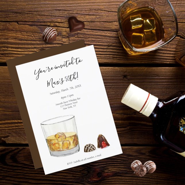 Whiskey Watercolor Chocolate Truffles Birthday Invitation (Toast to Milestone Moments: Whiskey, Chocolate, and Celebrations Await!)