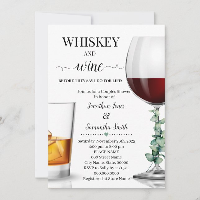 Whiskey & wine before I do bridal shower greenery Invitation (Front)