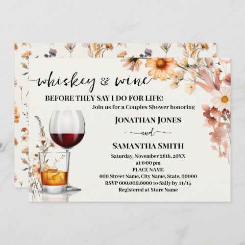 Whiskey  Wine Couples Shower Autumn Wildflowers Invitation