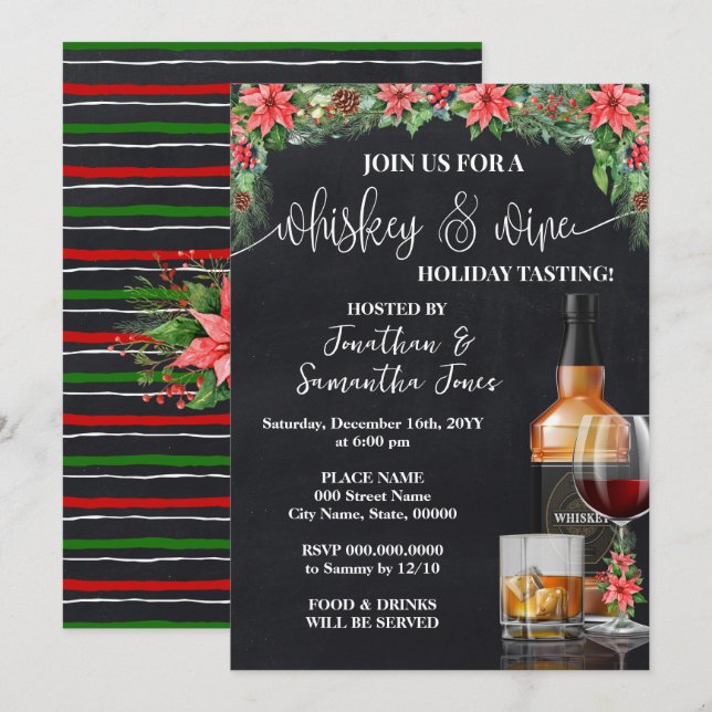Whiskey & Wine Tasting Holiday Christmas Party Invitation (Front/Back)