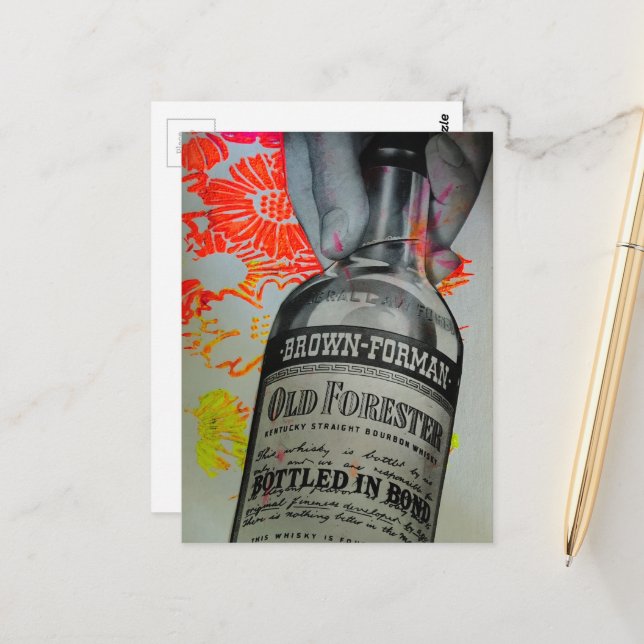 Whisky Bottle Floral Bottled in Bond Collage Postcard (Front/Back In Situ)