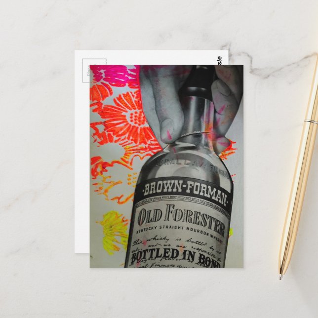 Whisky Bottle Floral Pink Orange Collage Postcard (Front/Back In Situ)