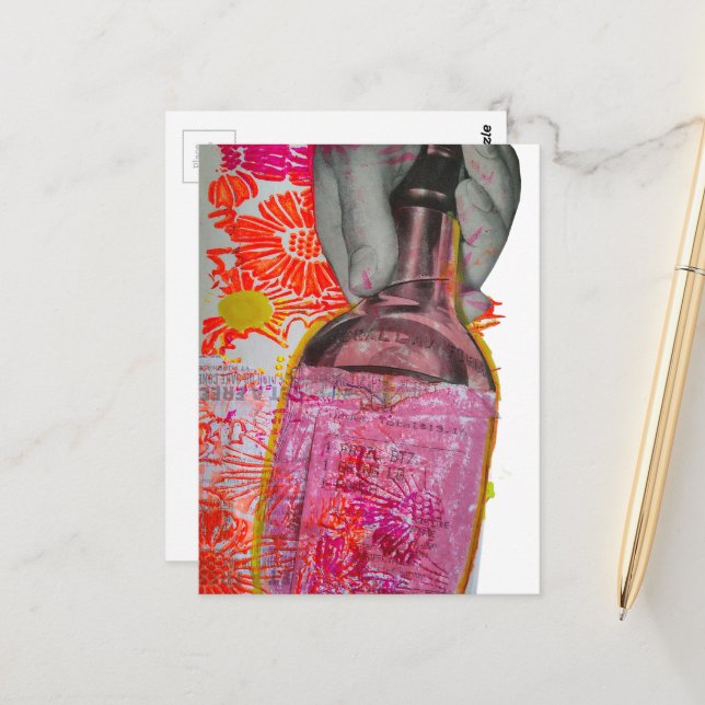 Whisky Bottle Pink Orange Mixed Media Collage Postcard (Front/Back In Situ)