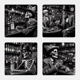 Whisky Drinking Skeletons Coaster Set