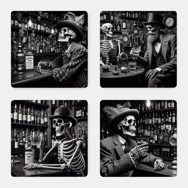 Whisky Drinking Skeletons Coaster Set (Set)