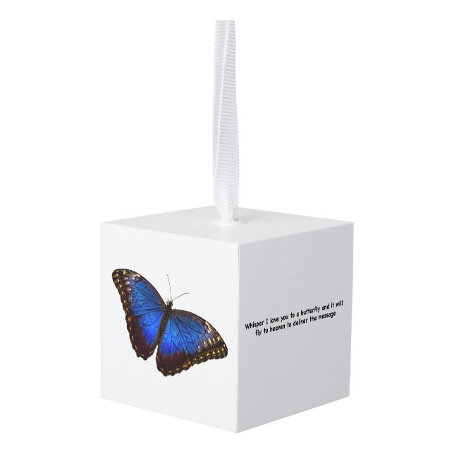 Whisper Blue Morpho Butterfly Cube Ornament (Back Angled)