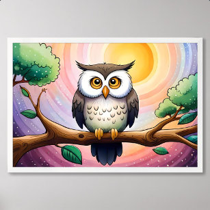 Whisper of Cute Owl Painting Amidst Moon and Stars Poster