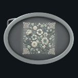 Whispered Clover Knotwork Garden Belt Buckle<br><div class="desc">Soft florals intertwine with graceful Celtic knot motifs in a balanced folk composition filled with clover shapes, curling vines, and layered blossoms. Muted sage greens, warm ivory, and deep charcoal create a calm, heritage-inspired palette that feels both old-world and gently modern. The flowing symmetry and botanical details evoke cottagecore charm,...</div>