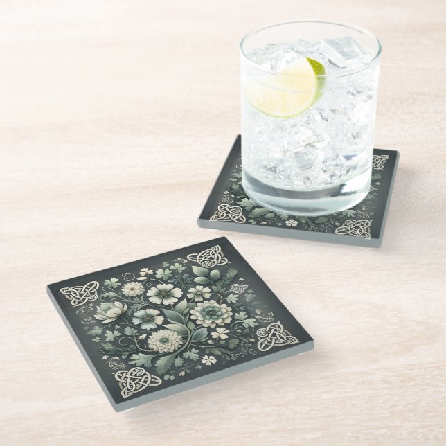 Whispered Clover Knotwork Garden Glass Coaster (Angled)