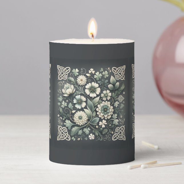 Whispered Clover Knotwork Garden Pillar Candle (In Situ)