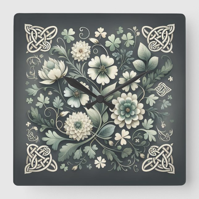 Whispered Clover Knotwork Garden Square Wall Clock (Front)