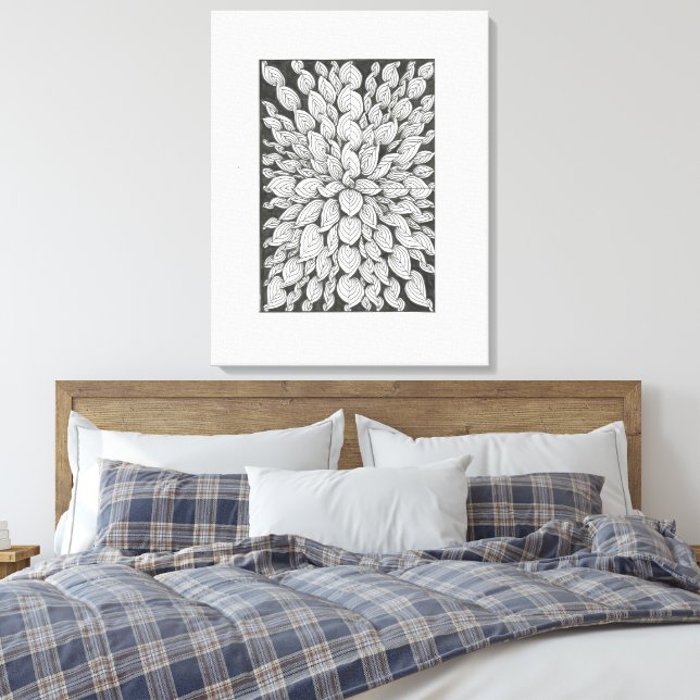 Whispering Leaves: Minimal Black & White Doodle Canvas Print (Insitu(Bedroom))