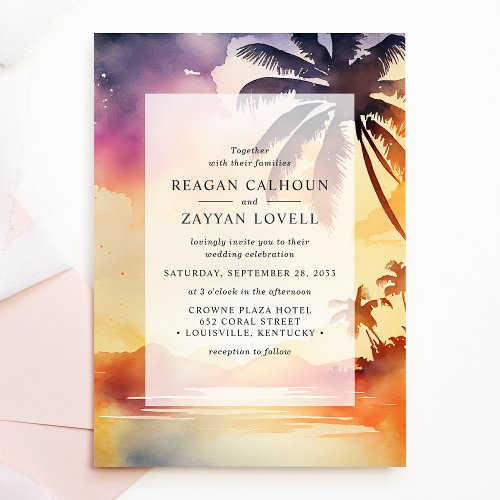 Whispering Palms Sunset Watercolor Wedding Invitation