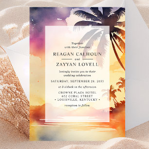 Whispering Palms Sunset Watercolor Wedding Invitation