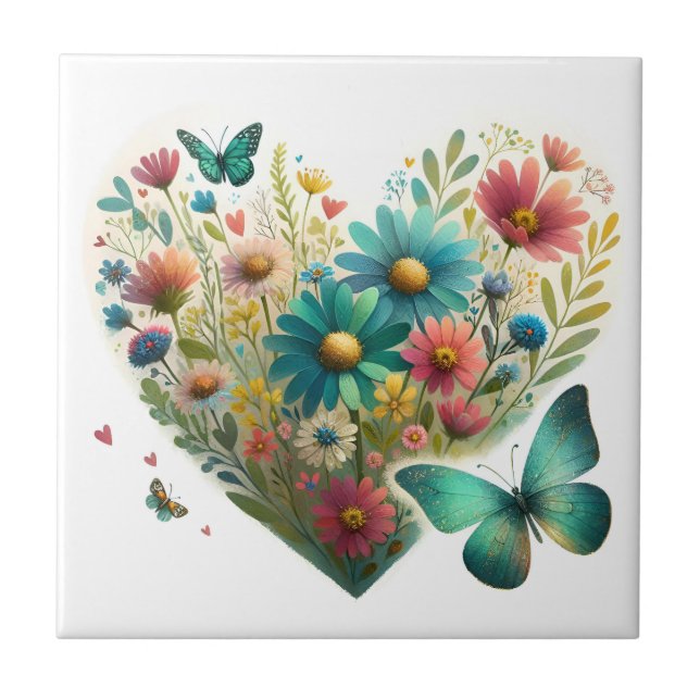 Whispering Wildflower Butterflies Botanical Ceramic Tile (Front)