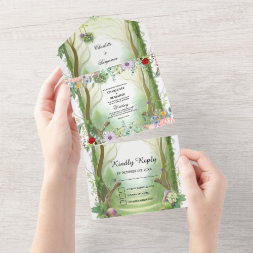 Whispering Woodland Green Enchanted Forest Wedding All In One Invitation