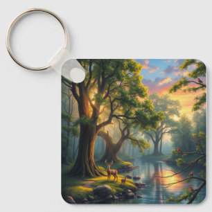 Whispering Woods at Dawn Nature Artwork Magnet Keychain