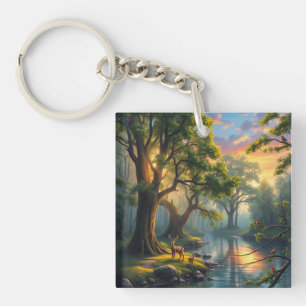 Whispering Woods at Dawn Nature Artwork Magnet Keychain