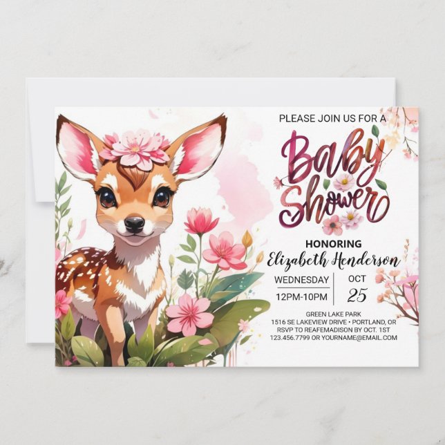 Whispering Woods of Deer Baby Girl Shower Invitation (Front)