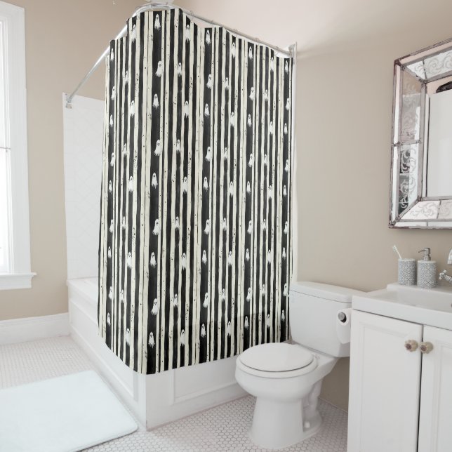 Whispers Between the Stripes: A Ghostly Refrain Shower Curtain (In Situ)