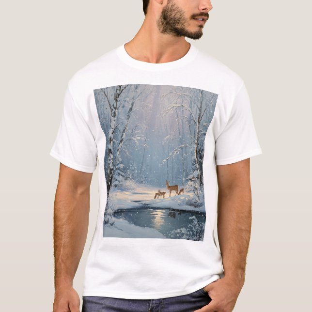 Whispers in the Snow – Winter Forest with Deer T-Shirt (Front)