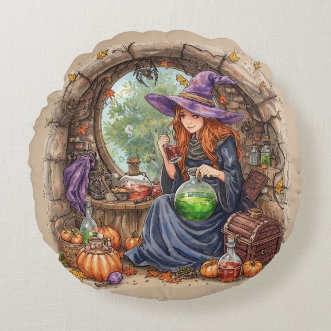 Whispers of Magic, Beautiful Witch and Her Potion Round Pillow (Front)