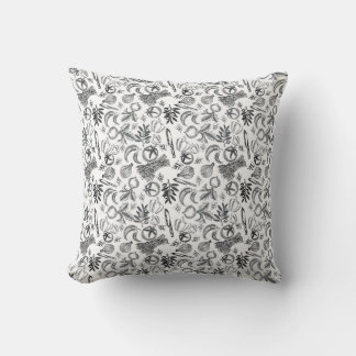 Whispers Of Nature Black Grey Vintage Botanical Throw Pillow