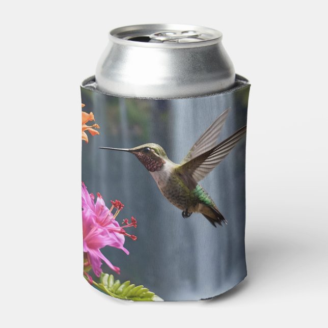 "Whispers of Nature: Hummingbird, Waterfall Can Cooler (Can Front)
