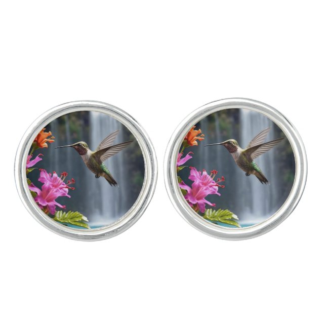 "Whispers of Nature: Hummingbird, Waterfall,  Cufflinks (Front)