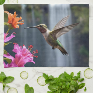 "Whispers of Nature: Hummingbird, Waterfall Kitchen Towel