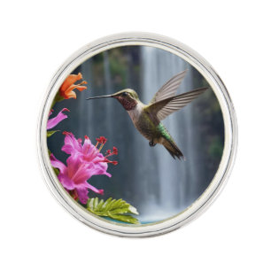 "Whispers of Nature: Hummingbird, Waterfall, Lapel Pin