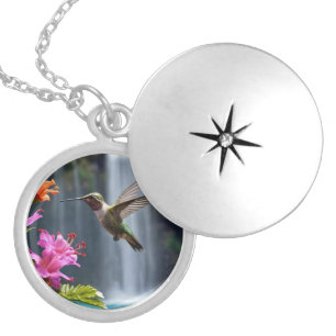 "Whispers of Nature: Hummingbird, Waterfall, Locket Necklace
