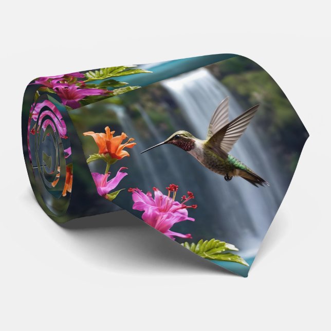 "Whispers of Nature: Hummingbird, Waterfall,  Neck Tie (Rolled)