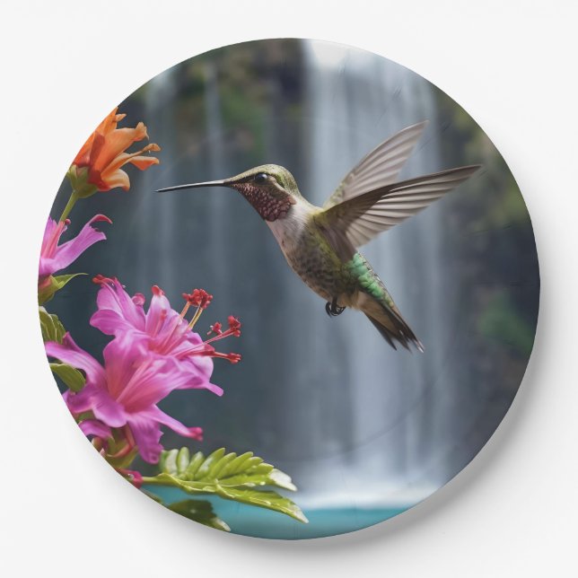 "Whispers of Nature: Hummingbird, Waterfall Paper Plates (Front)