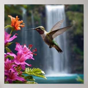 "Whispers of Nature: Hummingbird, Waterfall Poster