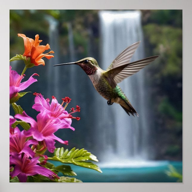 "Whispers of Nature: Hummingbird, Waterfall Poster (Front)