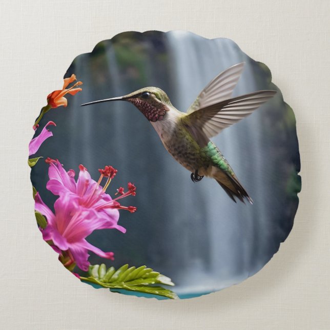 "Whispers of Nature: Hummingbird, Waterfall Round Pillow (Front)
