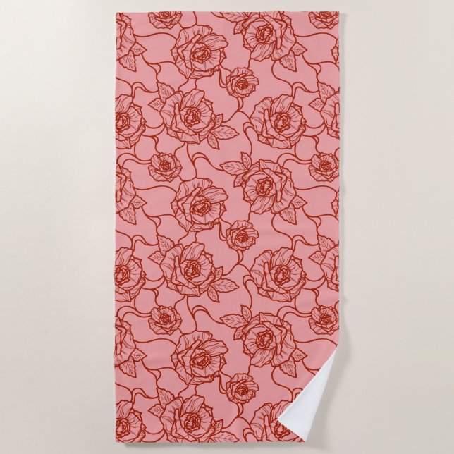 Whispers of Rose, Elegant Line Art Floral Pattern Beach Towel (Front)