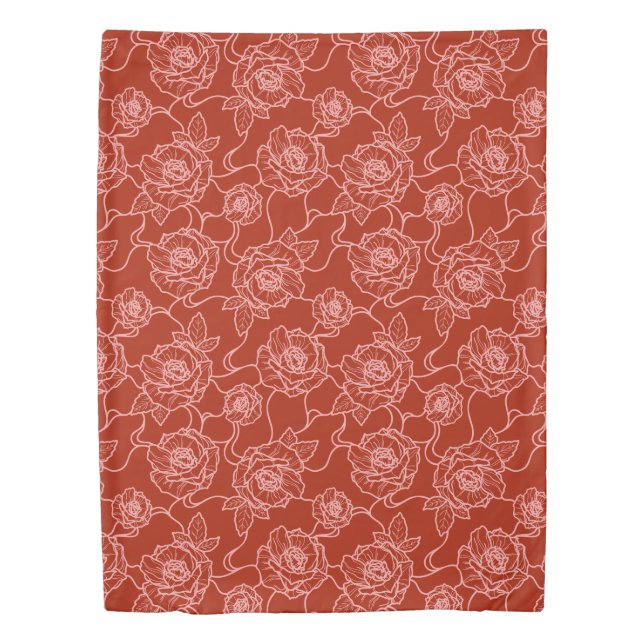 Whispers of Rose, Elegant Line Art Floral Pattern Duvet Cover (Front)