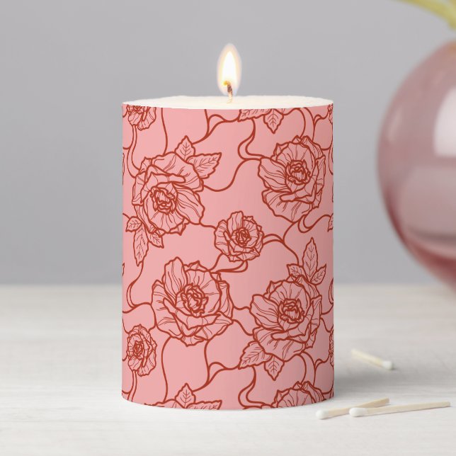 Whispers of Rose, Elegant Line Art Floral Pattern Pillar Candle (In Situ)