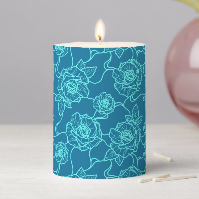 Whispers of Rose, Elegant Line Art Floral Pattern Pillar Candle (In Situ)