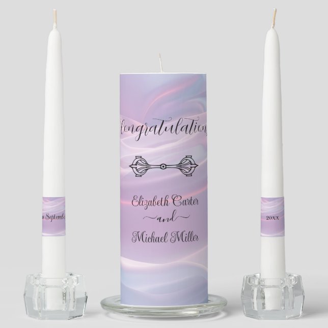 Whispers of Silk: Dreamy Pastel Waves Pink Blue  Unity Candle Set (Front)