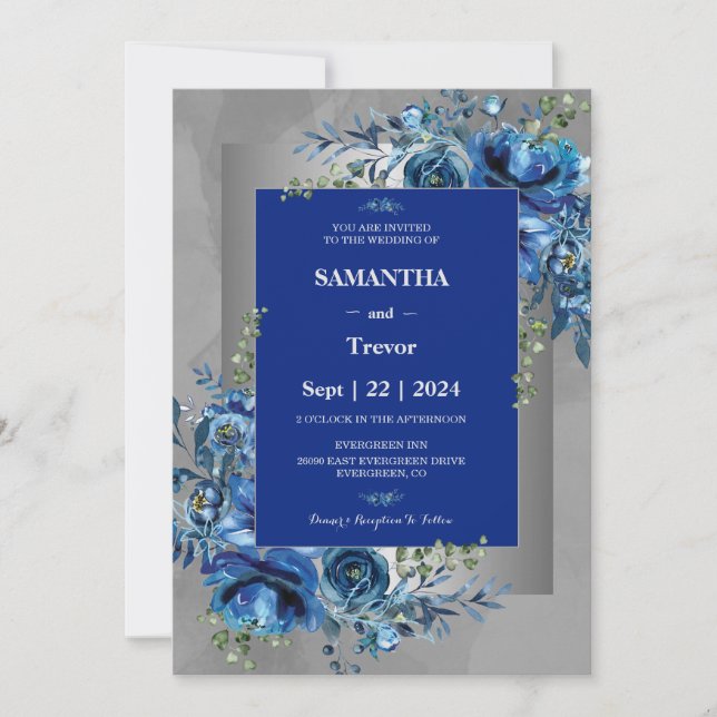 Whispers of Silver, Blooms of Blue Wedding Palette Invitation (Front)
