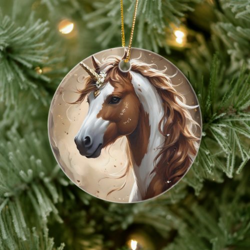 Whispers Of The Brown And White Fantasy Unicorn, Ceramic Ornament