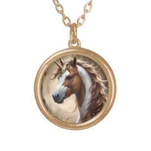 Whispers Of The Brown And White Fantasy Unicorn, Gold Plated Necklace