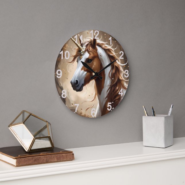 Whispers Of The Brown And White Fantasy Unicorn, Large Clock (Office)