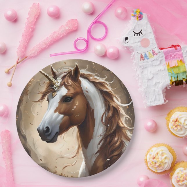 Whispers Of The Brown And White Fantasy Unicorn, Paper Plates (Party)
